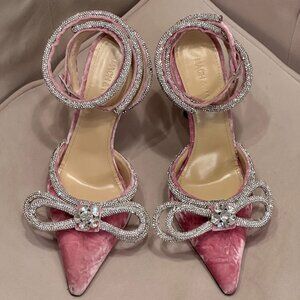Mach & Mach Pink Velvet Crystal Bow Heels – Size 36.5, Like New